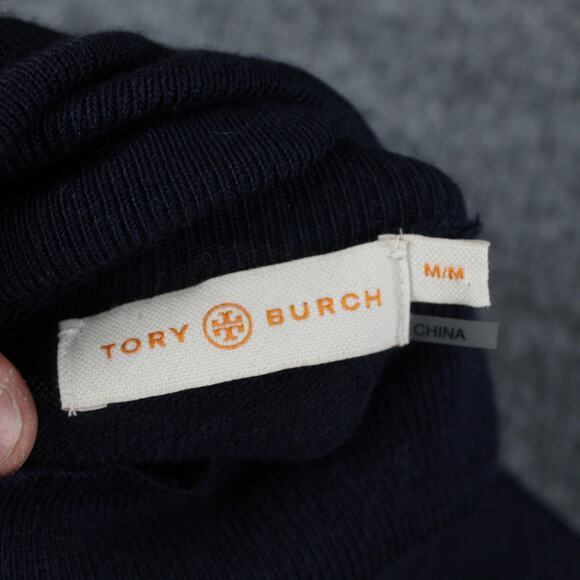 Tory Burch Sweater Medium Turtleneck Chain Link Wool Blend Navy Luxury Winter - Picture 8 of 12